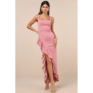 Lulus Dusty Rose Pink Ruffle Maxi‎ Dress Square Neck Medium High Slit NWT